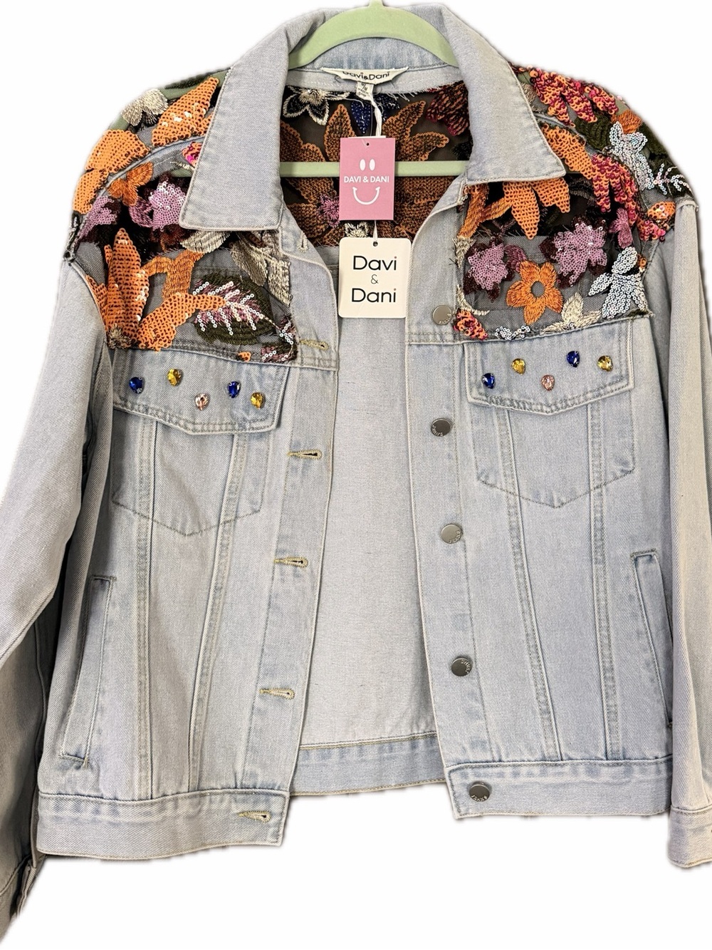 Davi & Dani Light Wash Denim Jacket with sequined Embroidered Floral Yoke